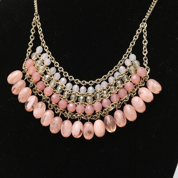 Layered Bib Statement Necklace Dangle Beaded Pink Coral Gold Iridescent Party - Picture 4 of 7